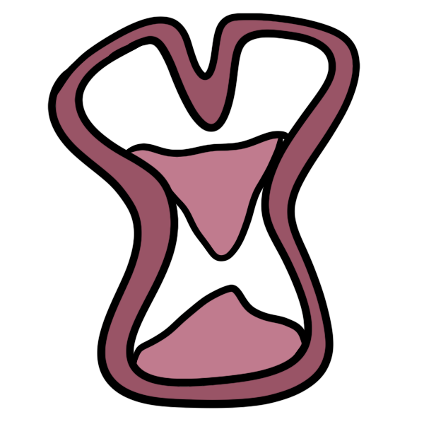  a Y shaped pink hour glass with pink sand pouring from the top into the bottom.